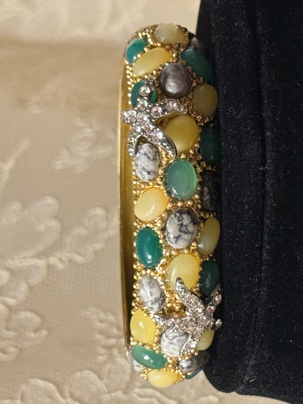CAbi Gold-tone Bracelet Collectible with Green, Cream, and Gray Cabochons #2129 - Picture 5 of 11
